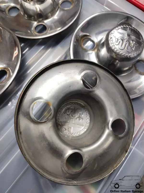 107123 Set of Alfa Romeo Alfasud Wheel Hub Cap Borchie Coprimozzo View Rear