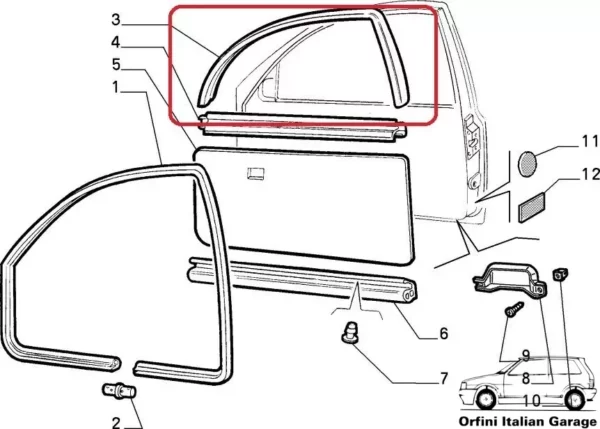 46435041 46736426 7737222 Front Left Window Rubber - Fiat Punto 3 Doors View Front