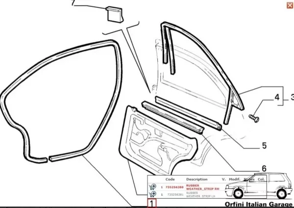 735242108 735256380 46402289 735256381 735242109 Rear Door Rubber Fiat Brava View Rear