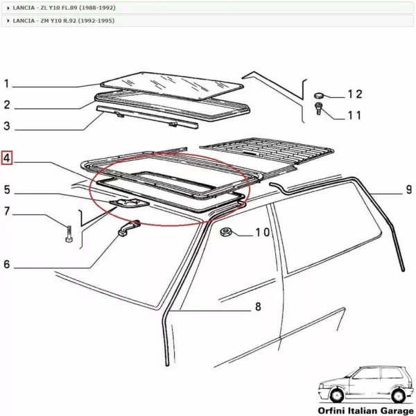 7797490 181571980 - Rubber Seal Gasket Roof Top - Autobianchi Lancia Y10 View Right