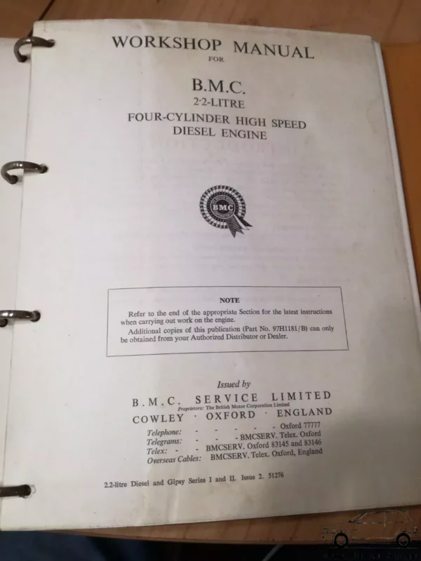 BMC 2.2 Litre High Speed Diesel Engine Workshop Service Repair Operation Manual View Rear