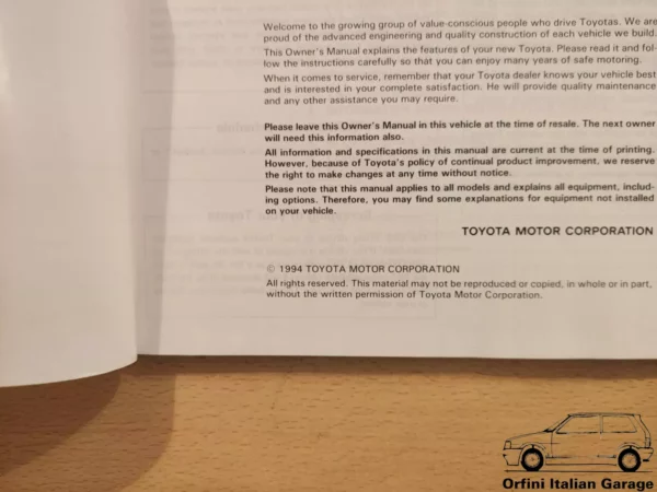 Toyota Corolla E10 E100 Owners Manual Driver's Handbook Libretto Entretien View Front