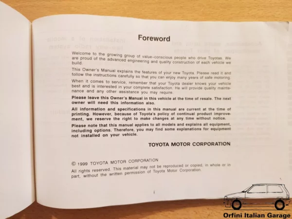 Toyota Corolla E10 E100 Owners Manual Driver's Handbook Libretto Entretien View Front