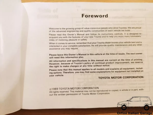 Toyota Corolla E90 / 4WD Owners Manual Driver's Handbook Libretto Entretien View Front