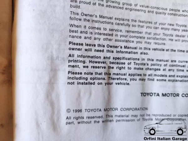 Toyota Starlet P90 Owners Manual Driver's Handbook Libretto Entretien View Front